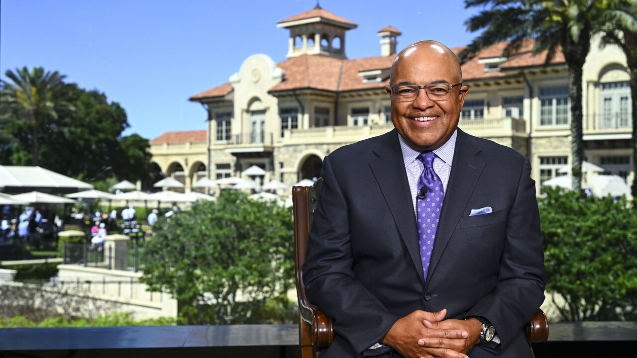 PONTE VEDRA BEACH, FLORIDA - MARCH 11: Mike Tirico of NBC Golf Channel in the Perch during the third round of THE PLAYERS Championship at Stadium Course at TPC Sawgrass on March 11, 2023 in Ponte Vedra Beach, Florida.