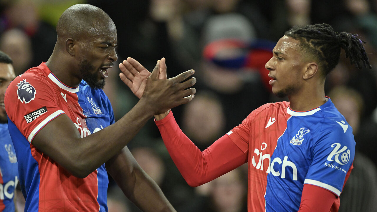 LONDON, ENGLAND - APRIL 24: Jean-Philippe Mateta of Crystal Palace celebrates after scoring his second goal with Michael Olise of Crystal Palace during the Premier League match between Crystal Palace and Newcastle United at Selhurst Park on April 24, 2024 in London, England.
