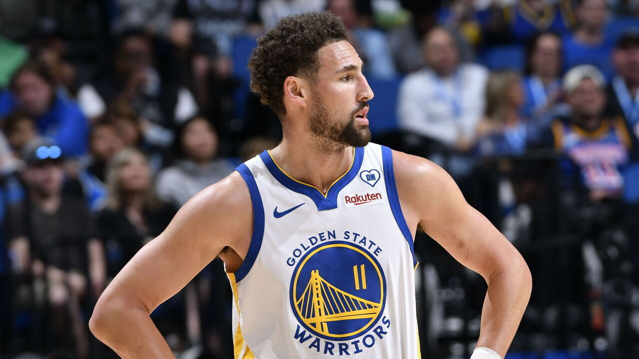 ORLANDO, FL - MARCH 27: Klay Thompson #11 of the Golden State Warriors looks on during the game against the Orlando Magic on March 27, 2024 at Amway Center in Orlando, Florida. Mandatory Copyright Notice: Copyright 2024 NBAE