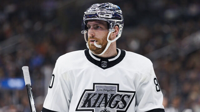 LOS ANGELES, CA - APRIL 13: Los Angeles Kings center Pierre-Luc Dubois (80) during an NHL game against the Anaheim Ducks on April 13, 2024 at Crypto.com Arena in Los Angeles, CA.