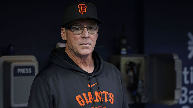 PHILADELPHIA, PENNSYLVANIA - MAY 5: Manager Bob Melvin #6 of the San Francisco Giants in the dugout before a game against the Philadelphia Phillies at Citizens Bank Park on May 5, 2024 in Philadelphia, Pennsylvania. The Phillies defeated the Giants 5-4.