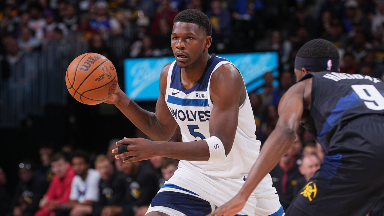 DENVER, CO - MAY 6: Anthony Edwards #5 of the Minnesota Timberwolves handles the ball during the game against the Denver Nuggets during Round 2 Game 2 of the 2024 NBA Playoffs on May 6, 2024 at the Ball Arena in Denver, Colorado. NOTE TO USER: User expressly acknowledges and agrees that, by downloading and/or using this Photograph, user is consenting to the terms and conditions of the Getty Images License Agreement. Mandatory Copyright Notice: Copyright 2024 NBAE