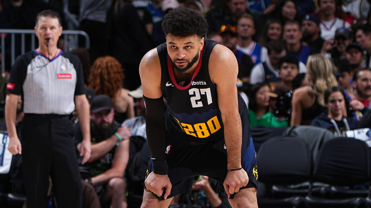 DENVER, CO - MAY 6: Jamal Murray #27 of the Denver Nuggets looks on during the game against the Minnesota Timberwolves during Round 2 Game 2 of the 2024 NBA Playoffs on May 6, 2024 at the Ball Arena in Denver, Colorado. NOTE TO USER: User expressly acknowledges and agrees that, by downloading and/or using this Photograph, user is consenting to the terms and conditions of the Getty Images License Agreement. Mandatory Copyright Notice: Copyright 2024 NBAE