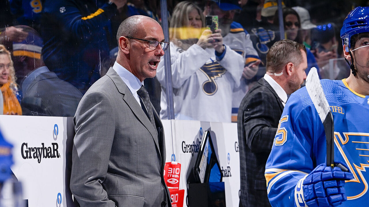 ST. LOUIS, MO - DECEMBER 16: St. Louis Blues interim coach Drew Bannister before the game against the Dallas Stars on December 16, 2023 at the Enterprise Center in St. Louis, Missouri.
