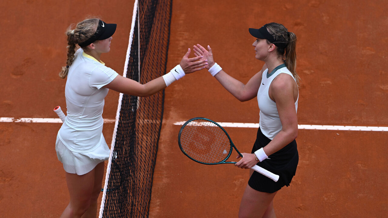 ROME, ITALY - MAY 07: Mirra Andreeva shakes hands with winner Paula Badosa of Spain during Day 2 of the Internazionali BNL D'Italia 2024 at Foro Italico on May 07, 2024 in Rome, Italy.