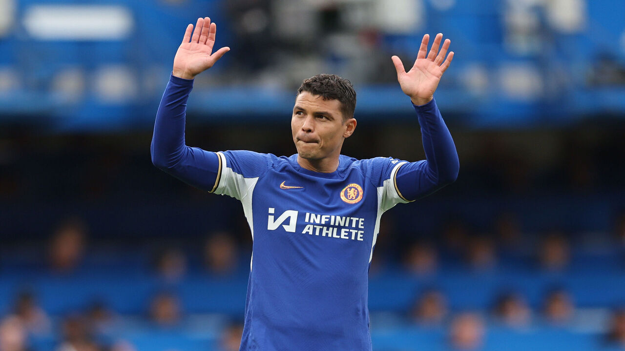 LONDON, ENGLAND - MAY 05: Thiago Silva of Chelsea waves to the fans as they chant his name during the Premier League match between Chelsea FC and West Ham United at Stamford Bridge on May 05, 2024 in London, England.