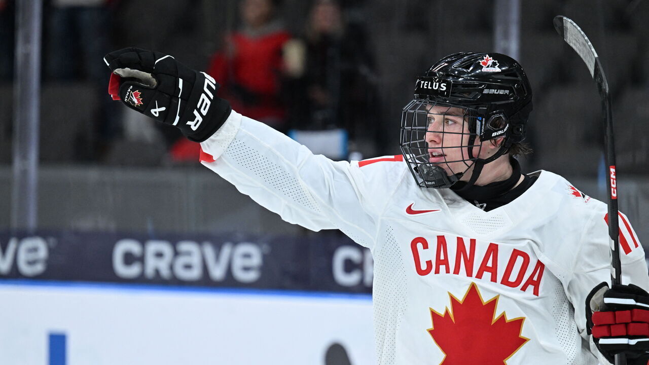 Canada's forward Macklin Celebrini celebrates scoring the 0-5 goal during the Group A ice hockey match between Latvia and Canada of the IIHF World Junior Championship in Gothenburg, Sweden on December 27, 2023.