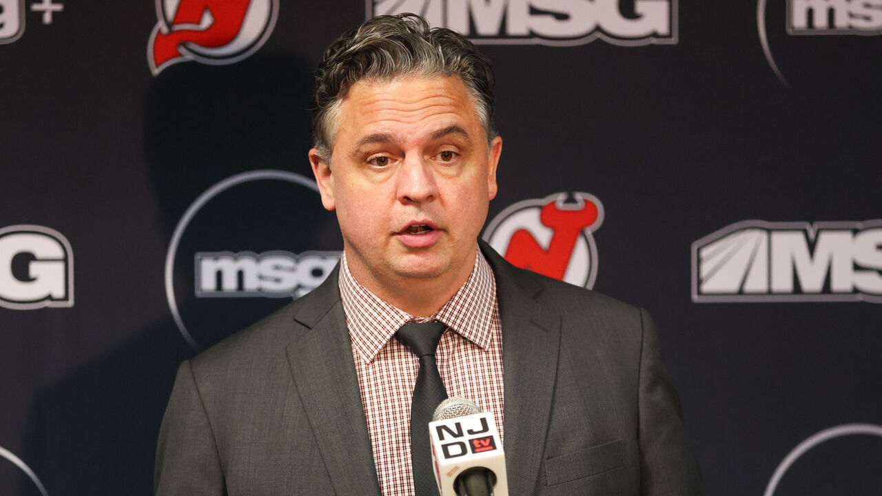 NEWARK, NJ - MARCH 05: Interim Head Coach Travis Green speaks to the media after a game between the Florida Panthers and New Jersey Devils on March 5, 2024 at Prudential Center in the Newark, New Jersey.