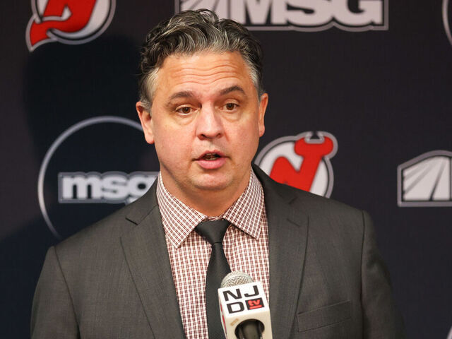 NEWARK, NJ - MARCH 05: Interim Head Coach Travis Green speaks to the media after a game between the Florida Panthers and New Jersey Devils on March 5, 2024 at Prudential Center in the Newark, New Jersey.