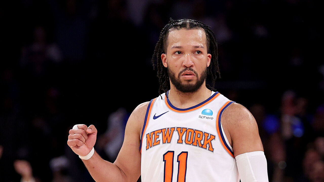 NEW YORK, NEW YORK - APRIL 20: Jalen Brunson #11 of the New York Knicks celebrates late in the fourth quarter against the Philadelphia 76ers in game one of the Eastern Conference First Round Playoffs at Madison Square Garden on April 20, 2024 in New York City. The New York Knicks defeated the Philadelphia 76ers 111-104.