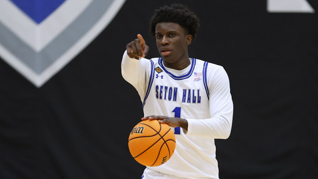 NEWARK, NEW JERSEY - MARCH 20: Kadary Richmond #1 of the Seton Hall Pirates in action against the Saint Joseph's Hawks during a first round NIT game at Walsh Gym on March 20, 2024 in South Orange, New Jersey. Seton Hall defeated Saint Josephs 75-72 in overtime.
