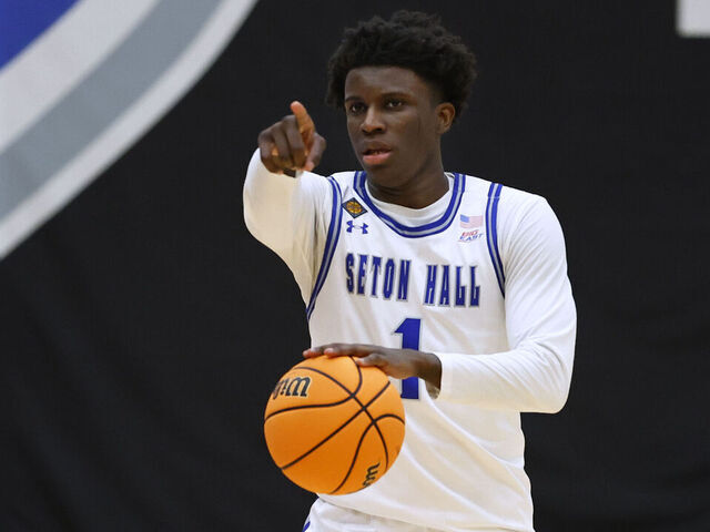 NEWARK, NEW JERSEY - MARCH 20: Kadary Richmond #1 of the Seton Hall Pirates in action against the Saint Joseph's Hawks during a first round NIT game at Walsh Gym on March 20, 2024 in South Orange, New Jersey. Seton Hall defeated Saint Josephs 75-72 in overtime.