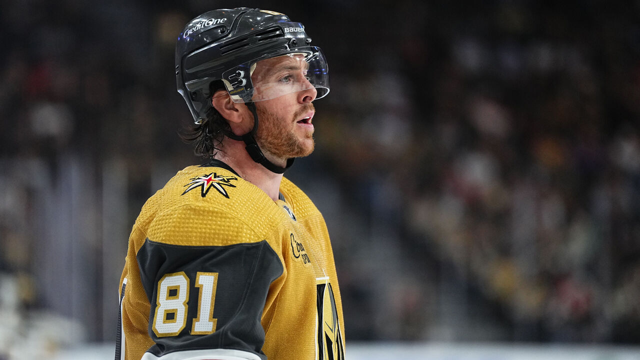 LAS VEGAS, NEVADA - APRIL 18: Jonathan Marchessault #81 of the Vegas Golden Knights looks on during the first period against the Anaheim Ducks at T-Mobile Arena on April 18, 2024 in Las Vegas, Nevada.