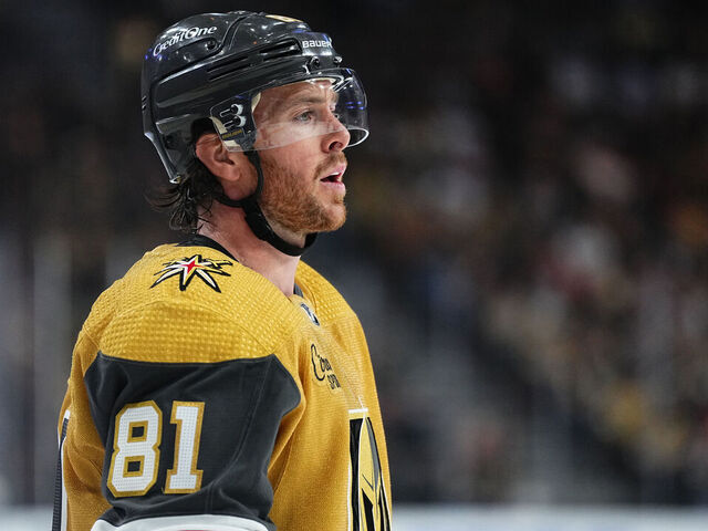 LAS VEGAS, NEVADA - APRIL 18: Jonathan Marchessault #81 of the Vegas Golden Knights looks on during the first period against the Anaheim Ducks at T-Mobile Arena on April 18, 2024 in Las Vegas, Nevada.