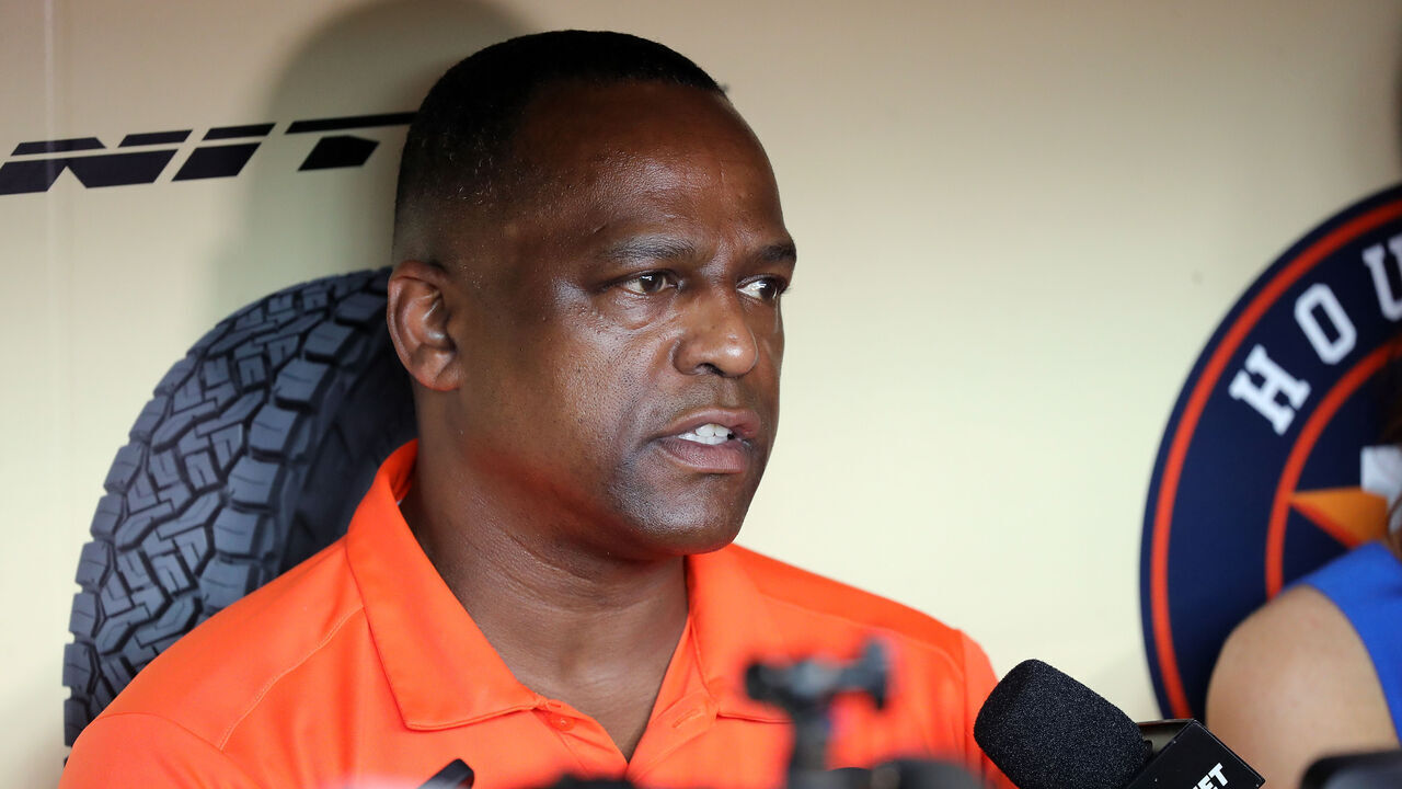HOUSTON, TEXAS - JUNE 14: Houston Astros General Manager Dana Brown speaks with media about pitcher Lance McCullers Jr. having surgery to repair his right flexor tendon and bone spur prior to the game against the Washington Nationals at Minute Maid Park on June 14, 2023 in Houston, Texas. McCullers, Jr. will not return this season.