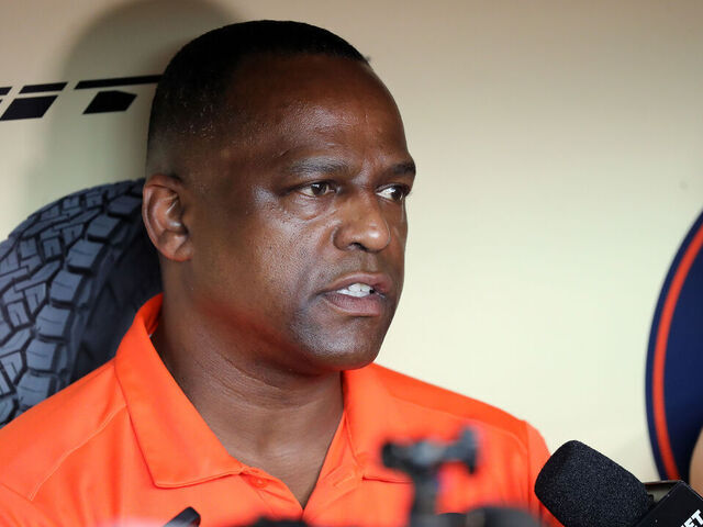 HOUSTON, TEXAS - JUNE 14: Houston Astros General Manager Dana Brown speaks with media about pitcher Lance McCullers Jr. having surgery to repair his right flexor tendon and bone spur prior to the game against the Washington Nationals at Minute Maid Park on June 14, 2023 in Houston, Texas. McCullers, Jr. will not return this season.
