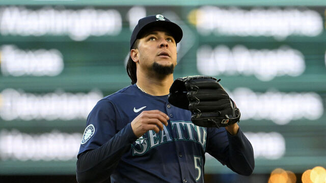SEATTLE, WASHINGTON - APRIL 30: Luis Castillo #58 of the Seattle Mariners looks on during the second inning against the Atlanta Braves at T-Mobile Park on April 30, 2024 in Seattle, Washington. The Seattle Mariners won 3-2.
