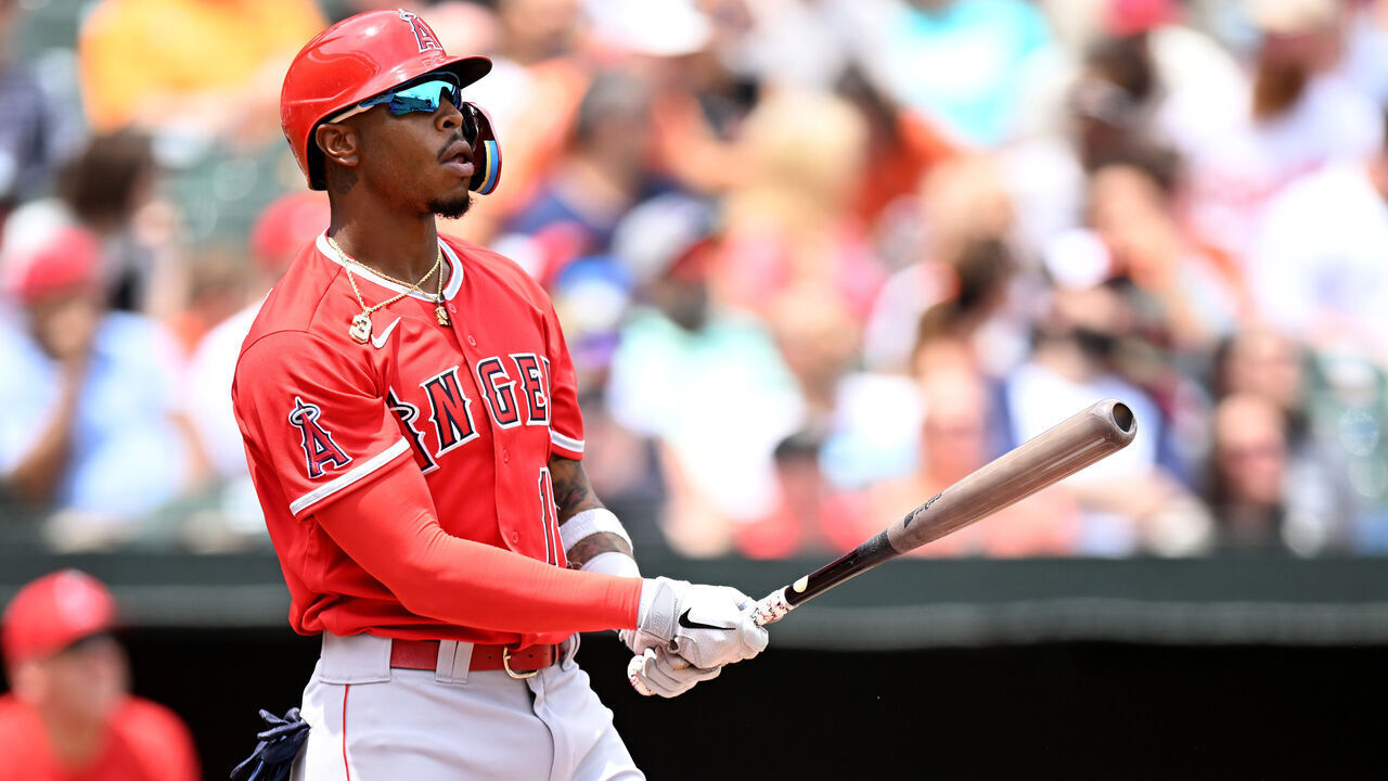 BALTIMORE, MARYLAND - JULY 10: Monte Harrison #13 of the Los Angeles Angels hits a home run against the Baltimore Orioles at Oriole Park at Camden Yards on July 10, 2022 in Baltimore, Maryland.