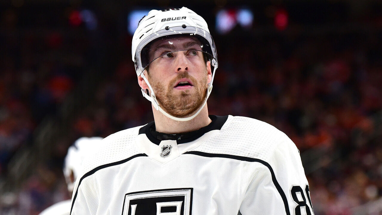 EDMONTON, CANADA - MARCH 28: Pierre-Luc Dubois #80 of the Los Angeles Kings awaits a face-off during the game against the Edmonton Oilers at Rogers Place on March 28, 2024, in Edmonton, Alberta, Canada.