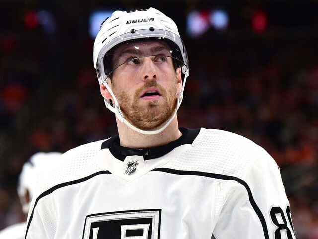 EDMONTON, CANADA - MARCH 28: Pierre-Luc Dubois #80 of the Los Angeles Kings awaits a face-off during the game against the Edmonton Oilers at Rogers Place on March 28, 2024, in Edmonton, Alberta, Canada.