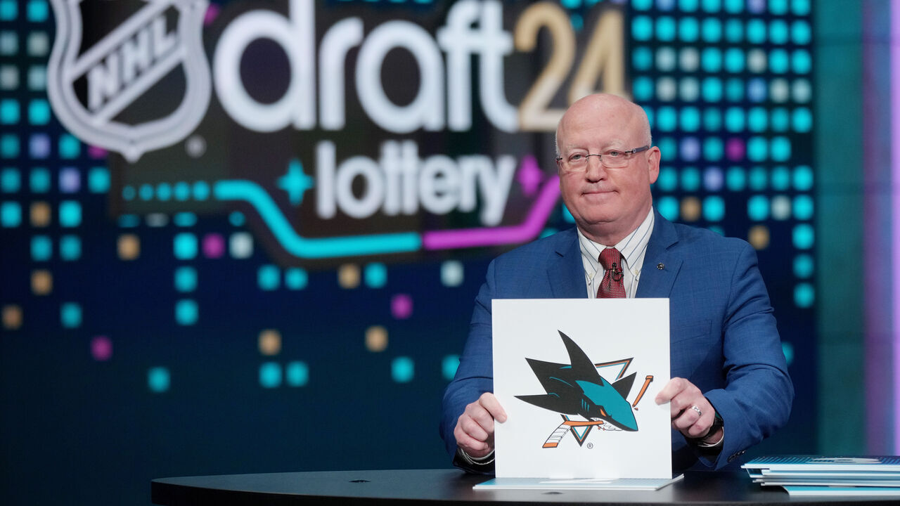 SECAUCUS, NEW JERSEY - MAY 07: National Hockey League Deputy Commissioner Bill Daly announces the San Jose Sharks #1 overall draft position during the 2024 NHL Draft Lottery at NHL Network Studio on May 07, 2024 in Secaucus, New Jersey.