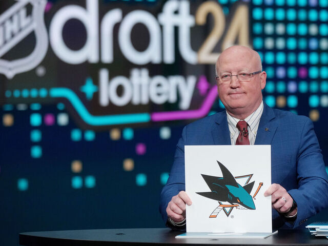 SECAUCUS, NEW JERSEY - MAY 07: National Hockey League Deputy Commissioner Bill Daly announces the San Jose Sharks #1 overall draft position during the 2024 NHL Draft Lottery at NHL Network Studio on May 07, 2024 in Secaucus, New Jersey.