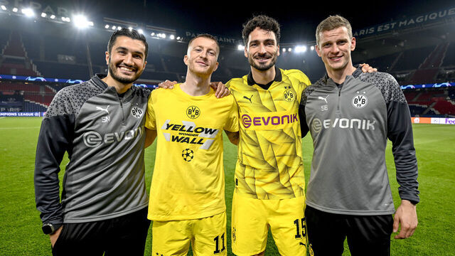 PARIS, FRANCE - MAY 7: (L-R) Assistant coach Nuri Sahin of Borussia Dortmund, Marco Reus of Borussia Dortmund, Mats Hummels of Borussia Dortmund and assistant coach Sven Bender of Borussia Dortmund pose after the UEFA Champions League semi-final second leg soccer match between Paris Saint-Germain and Borussia Dortmund at Parc des Princes on May 7, 2024 in Paris, France.