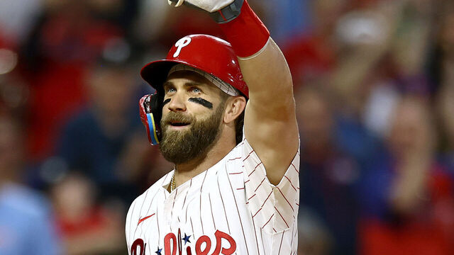PHILADELPHIA, PENNSYLVANIA - MAY 07: Bryce Harper #3 of the Philadelphia Phillies reacts after hitting a grand slam home run during the fourth inning against the Toronto Blue Jays at Citizens Bank Park on May 07, 2024 in Philadelphia, Pennsylvania.