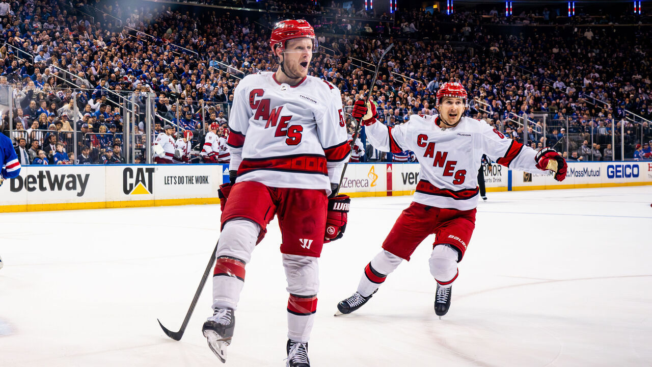 NEW YORK, NEW YORK - MAY 07: Jake Guentzel #59 of the Carolina Hurricanes celebrates after a goal during the second period against the New York Rangers in Game Two of the Second Round of the 2024 Stanley Cup Playoffs at Madison Square Garden on May 07, 2024 in New York City.