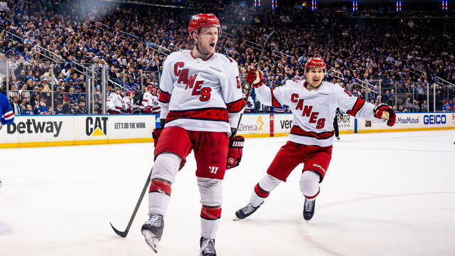 NEW YORK, NEW YORK - MAY 07: Jake Guentzel #59 of the Carolina Hurricanes celebrates after a goal during the second period against the New York Rangers in Game Two of the Second Round of the 2024 Stanley Cup Playoffs at Madison Square Garden on May 07, 2024 in New York City.