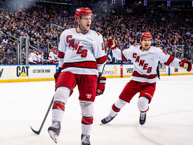 NEW YORK, NEW YORK - MAY 07: Jake Guentzel #59 of the Carolina Hurricanes celebrates after a goal during the second period against the New York Rangers in Game Two of the Second Round of the 2024 Stanley Cup Playoffs at Madison Square Garden on May 07, 2024 in New York City.