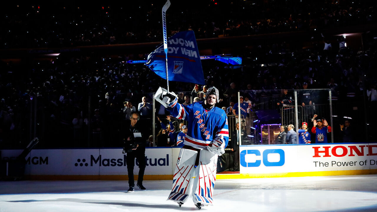 NEW YORK, NEW YORK - MAY 07: Igor Shesterkin #31 of the New York Rangers receives the second star after winning the game against the Carolina Hurricanes in Game Two of the Second Round of the 2024 Stanley Cup Playoffs at Madison Square Garden on May 7, 2024 in New York City.