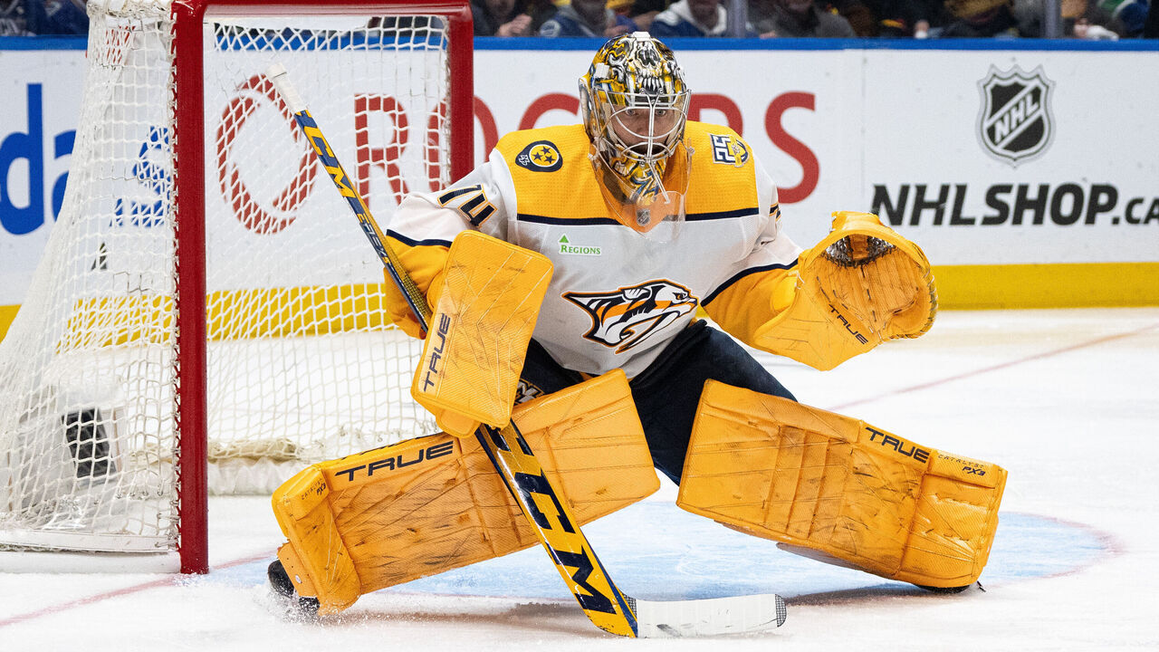 VANCOUVER, BC - APRIL 30: Nashville Predators goaltender Juuse Saros (74) watches the play during Game Five of the First Round of the 2024 Stanley Cup playoffs between the Nashville Predators and the Vancouver Canucks on April 30, 2024, at Rogers Arena in Vancouver, B.C.