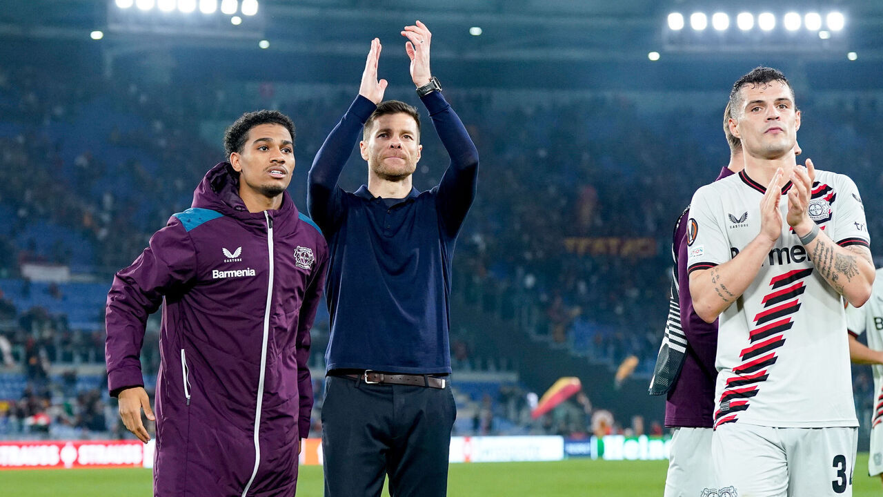 Xabi Alonso head coach of Bayer 04 Leverkusen celebrates the victory after the UEFA Europa League 2023/24 Semi-Final first leg match between AS Roma and Bayer 04 Leverkusen at Stadio Olimpico on May 2, 2024 in Rome, Italy.