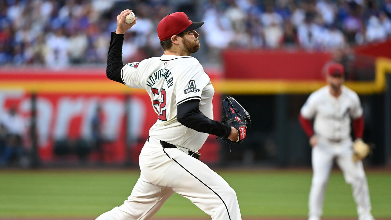PHOENIX, ARIZONA - MAY 01: Jordan Montgomery #52 of the Arizona Diamondbacks delivers a pitch against the Los Angeles Dodgers at Chase Field on May 01, 2024 in Phoenix, Arizona.