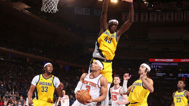 NEW YORK, NY - MAY 6: Josh Hart #3 of the New York Knicks drives to the basket during the game against the Indiana Pacers during Round 2 Game 1 of the 2024 NBA Playoffs on May 6, 2024 at Madison Square Garden in New York City, New York. Mandatory Copyright Notice: Copyright 2024 NBAE