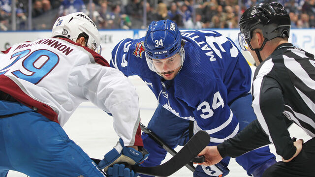 TORONTO, CANADA - JANUARY 13: Nathan MacKinnon #29 of the Colorado Avalanche gets set to take a faceoff against Auston Matthews #34 of the Toronto Maple Leafs during the second period in an NHL game at Scotiabank Arena on January 13, 2024 in Toronto, Ontario, Canada. The Avalanche defeated the Maple Leafs 5-3.