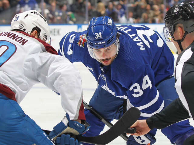 TORONTO, CANADA - JANUARY 13: Nathan MacKinnon #29 of the Colorado Avalanche gets set to take a faceoff against Auston Matthews #34 of the Toronto Maple Leafs during the second period in an NHL game at Scotiabank Arena on January 13, 2024 in Toronto, Ontario, Canada. The Avalanche defeated the Maple Leafs 5-3.