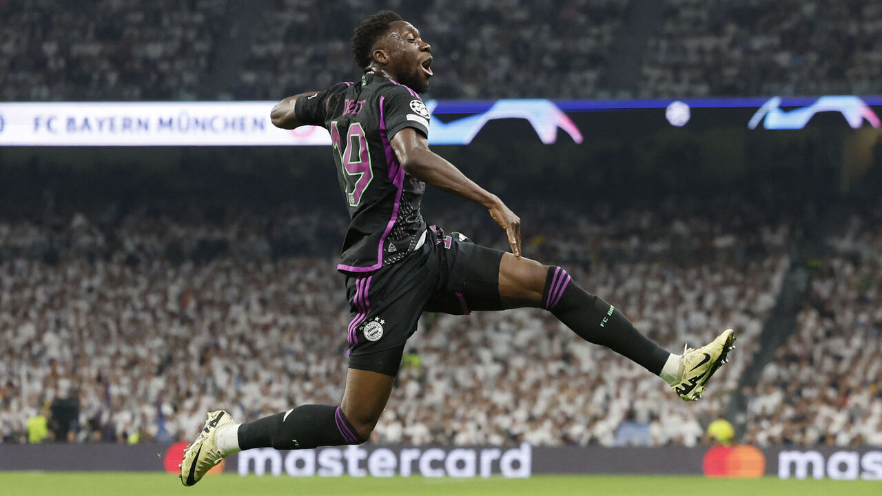Bayern Munich's Canadian midfielder #19 Alphonso Davies celebrates scoring his team's first goal during the UEFA Champions League semi final second leg football match between Real Madrid CF and FC Bayern Munich at the Santiago Bernabeu stadium in Madrid on May 8, 2024.