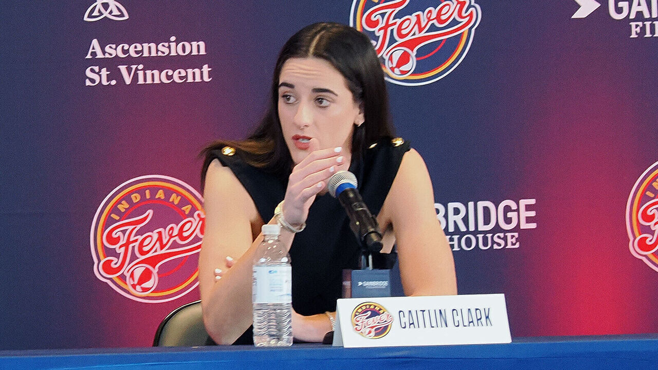 INDIANAPOLIS, IN - APRIL 17: Lin Dun;Caitlin Clark and Christie Sides of the Indiana Fever talk to the media during an introductory press conference on April 17, 2024 at Gainbridge Fieldhouse in Indianapolis, Indiana. Mandatory Copyright Notice: Copyright 2024 NBAE