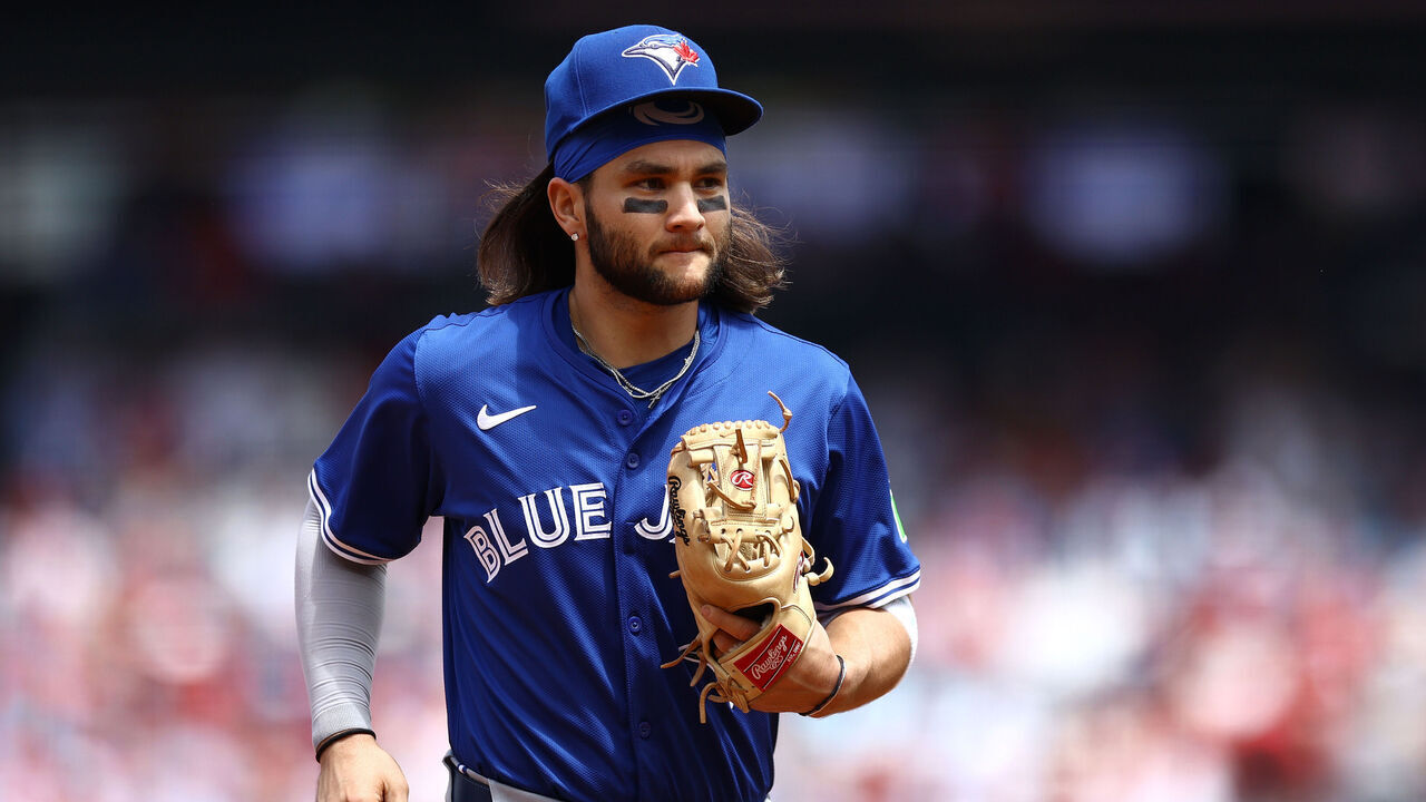 PHILADELPHIA, PENNSYLVANIA - MAY 08: Bo Bichette #11 of the Toronto Blue Jays looks on during the first inning against the Philadelphia Phillies at Citizens Bank Park on May 08, 2024 in Philadelphia, Pennsylvania.