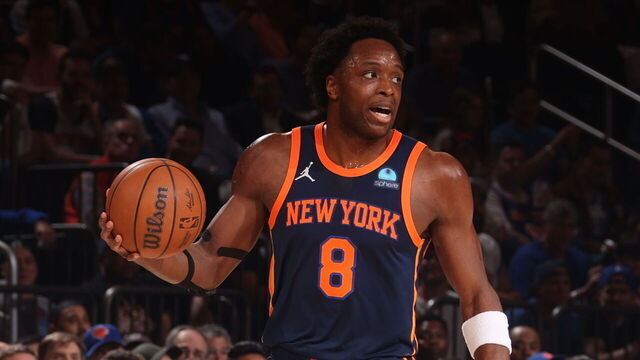 NEW YORK, NY - MAY 8: OG Anunoby #8 of the New York Knicks dribbles the ball during the game against the Indiana Pacers during Round 2 Game 2 of the 2024 NBA Playoffs on May 8, 2024 at Madison Square Garden in New York City, New York. Mandatory Copyright Notice: Copyright 2024 NBAE