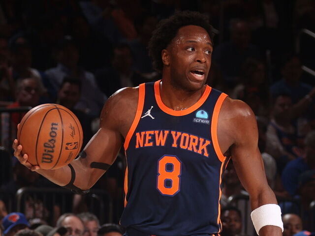 NEW YORK, NY - MAY 8: OG Anunoby #8 of the New York Knicks dribbles the ball during the game against the Indiana Pacers during Round 2 Game 2 of the 2024 NBA Playoffs on May 8, 2024 at Madison Square Garden in New York City, New York. Mandatory Copyright Notice: Copyright 2024 NBAE