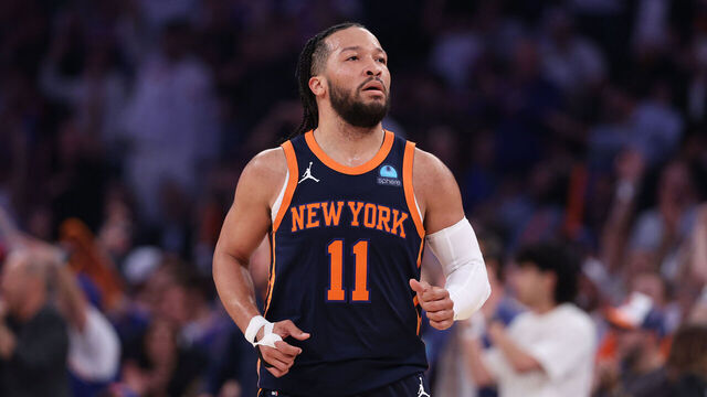 NEW YORK, NEW YORK - MAY 08: Jalen Brunson #11 of the New York Knicks reacts after a three point basket during the first quarter Indiana Pacers in Game Two of the Eastern Conference Second Round Playoffs at Madison Square Garden on May 08, 2024 in New York City.