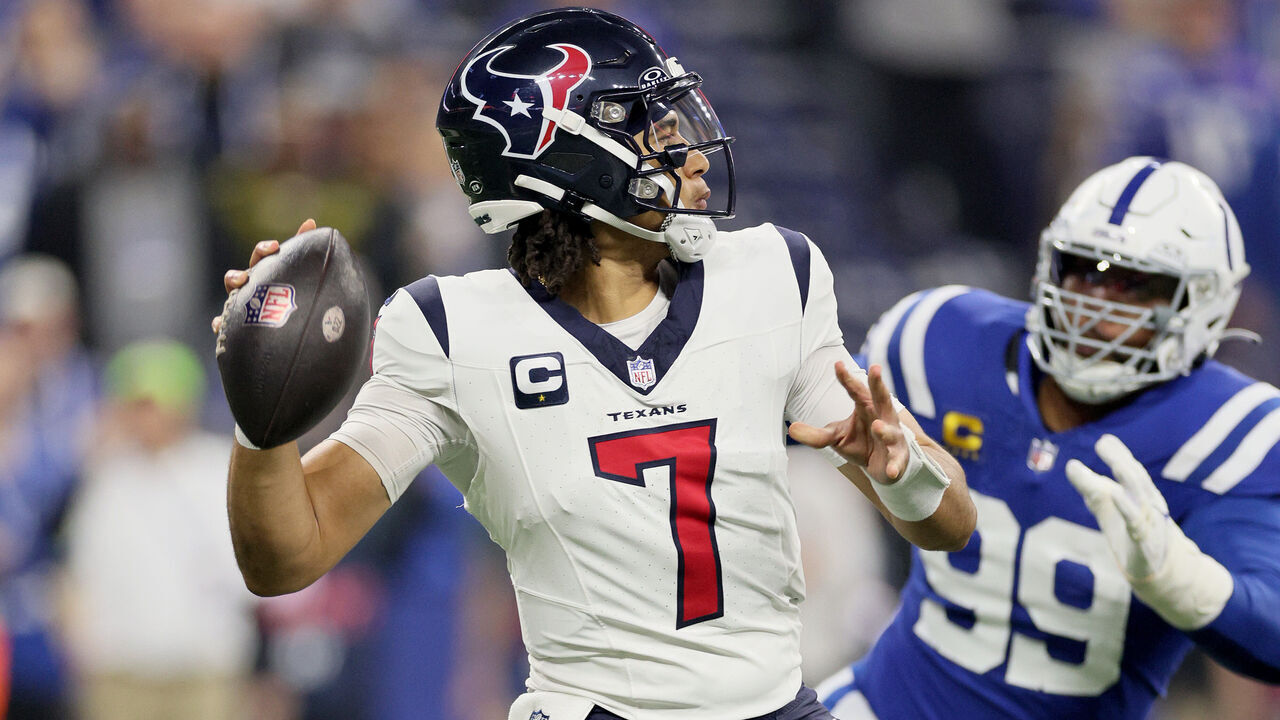 INDIANAPOLIS, INDIANA - JANUARY 06: C.J. Stroud #7 of the Houston Texans throws a pass against the Indianapolis Colts at Lucas Oil Stadium on January 06, 2024 in Indianapolis, Indiana.