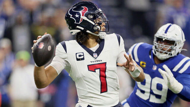 INDIANAPOLIS, INDIANA - JANUARY 06: C.J. Stroud #7 of the Houston Texans throws a pass against the Indianapolis Colts at Lucas Oil Stadium on January 06, 2024 in Indianapolis, Indiana.