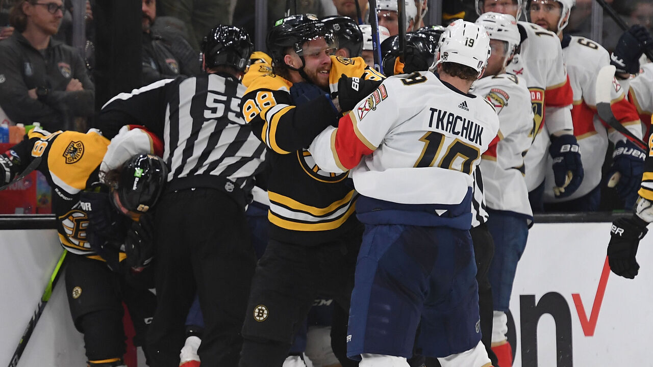BOSTON, MASSACHUSETTS APRIL 19: David Pastrnak #88 of the Boston Bruins against Matthew Tkachuk #19 of the Florida Panthers in Game Two of the First Round of the 2023 Stanley Cup Playoffs at TD Garden on April 19, 2023, in Boston, Massachusetts.