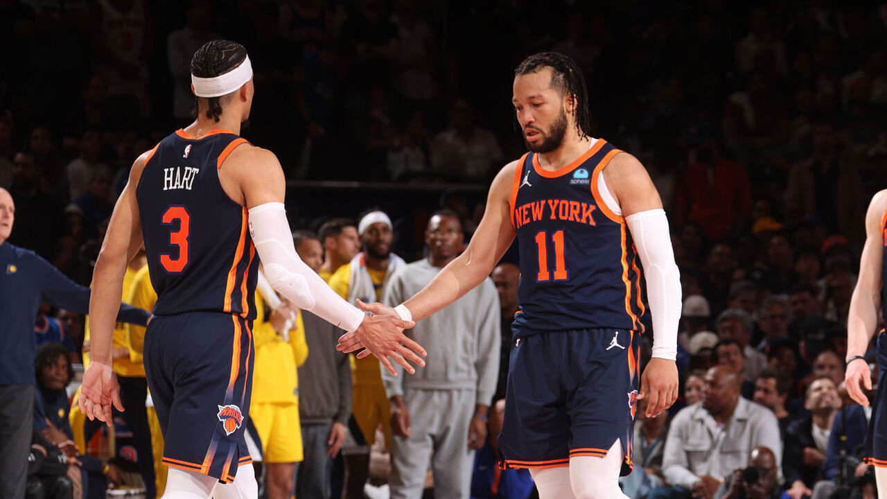 NEW YORK, NY - MAY 8: Jalen Brunson #11 high five during the game Josh Hart #3 of the New York Knicks during the game against the Indiana Pacers during Round 2 Game 2 of the 2024 NBA Playoffs on May 8, 2024 at Madison Square Garden in New York City, New York. Mandatory Copyright Notice: Copyright 2024 NBAE