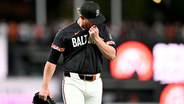 BALTIMORE, MARYLAND - APRIL 26: Craig Kimbrel #46 of the Baltimore Orioles walks to the dugout after being taken out of the game in the ninth inning against the Oakland Athletics at Oriole Park at Camden Yards on April 26, 2024 in Baltimore, Maryland.