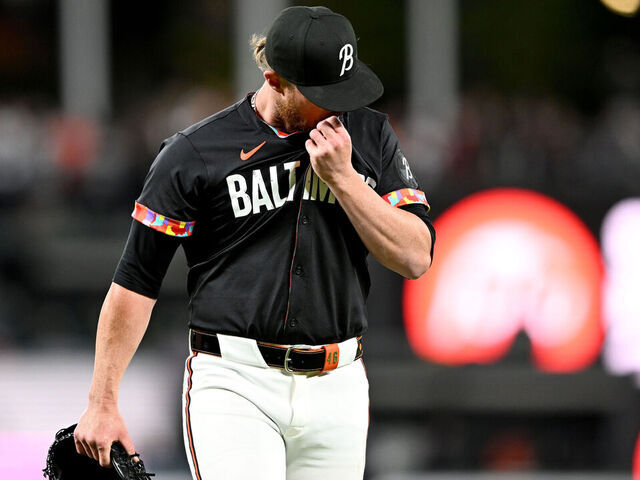 BALTIMORE, MARYLAND - APRIL 26: Craig Kimbrel #46 of the Baltimore Orioles walks to the dugout after being taken out of the game in the ninth inning against the Oakland Athletics at Oriole Park at Camden Yards on April 26, 2024 in Baltimore, Maryland.